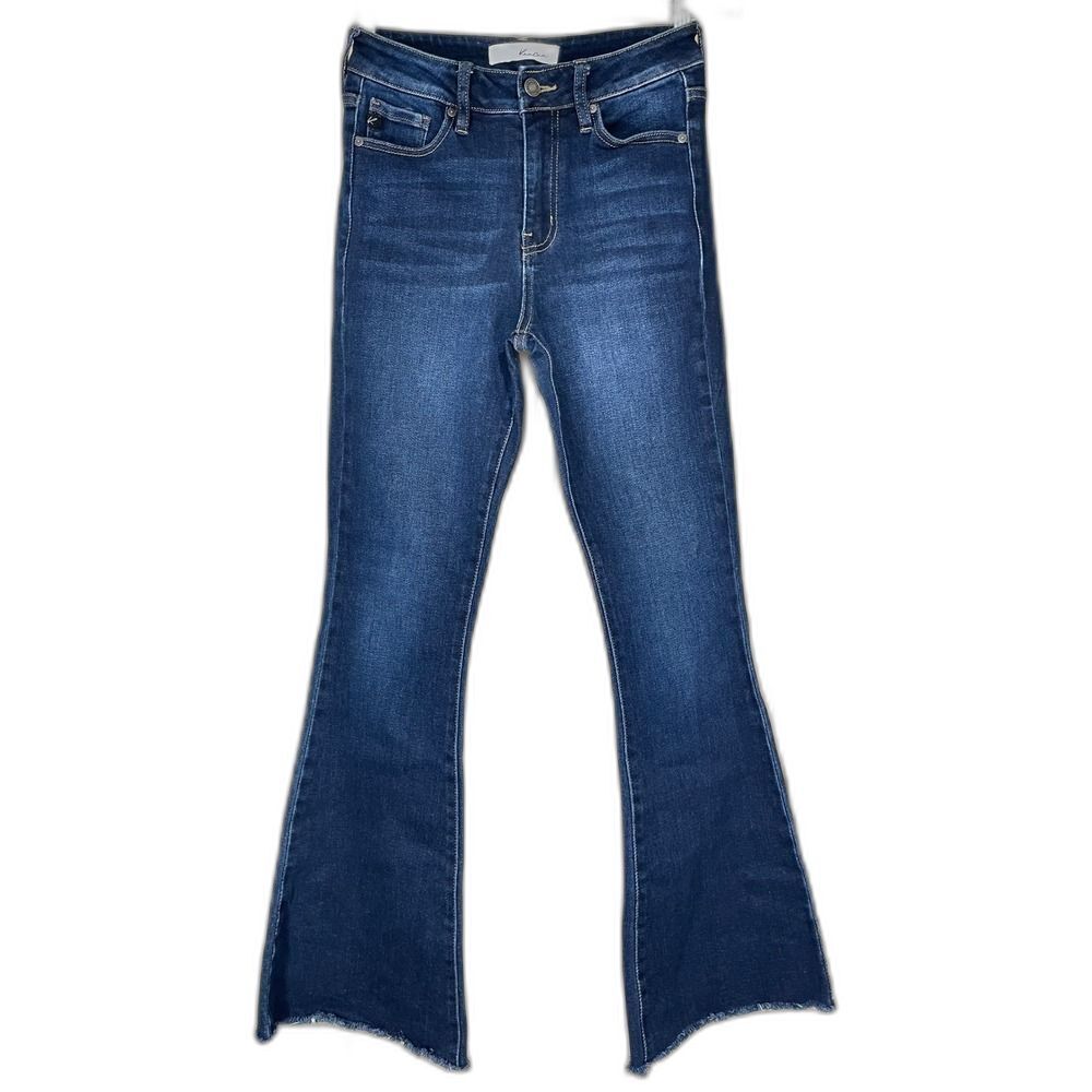 High Rise Flare Jeans W/ 7/27 KanCan Dark Wash Raw Hem KC7124D LN - Picture 2 of 12